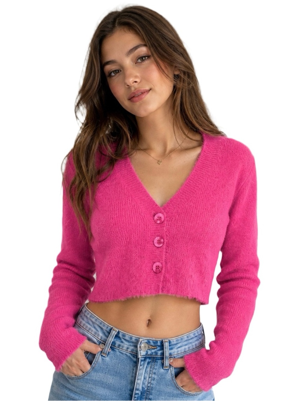 Cropped V-Neck Button Cardigan - Fuchsia Pink